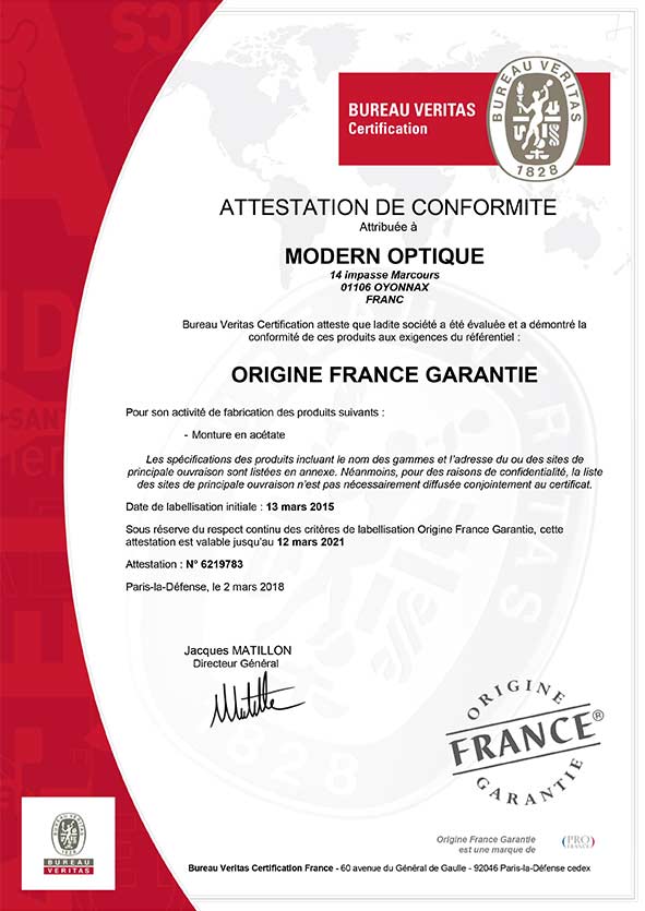 Modern Optique - Certificat Origine France